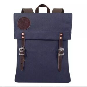 EUC Duluth Pack Scout Backpack Navy Blue Canvas Brown Leather Unisex Adventure